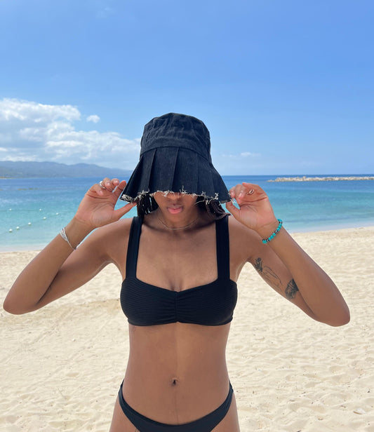 SOLEIL | Black Denim Pleated Hat